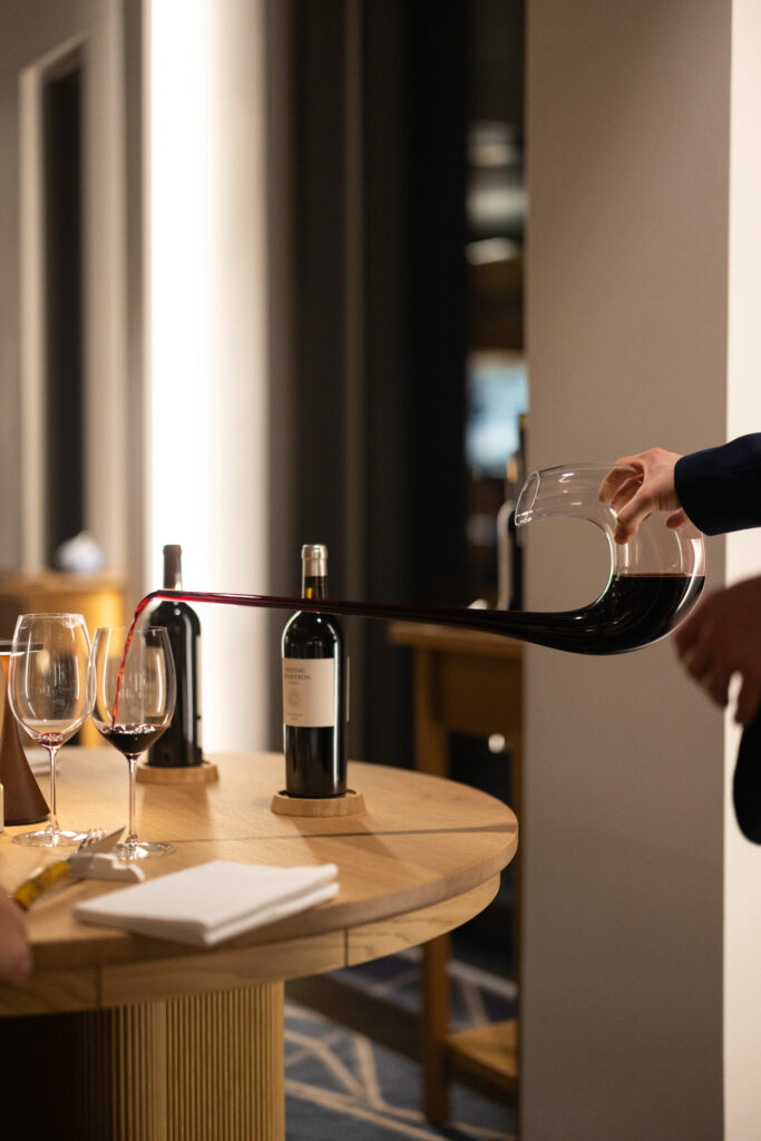Red wine decanted at the table at Restaurant Syttende